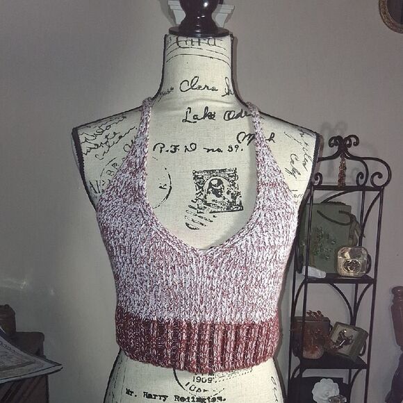 FREE PEOPLE Knit Halter Top - Burgundy and White Size Small Petite - Picture 8 of 14